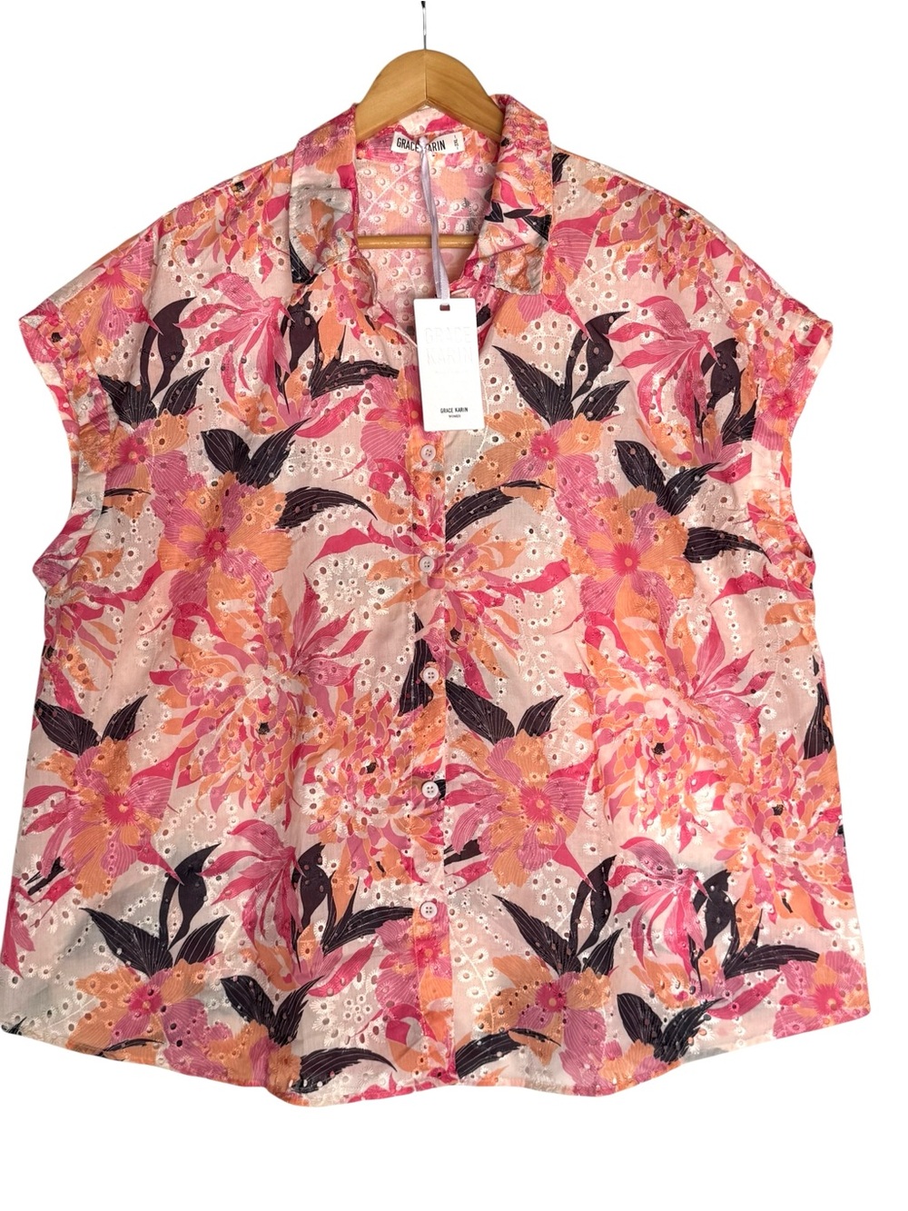 Grace Karin Floral Pink Short-Sleeve Button-Up Top 2XL NWT